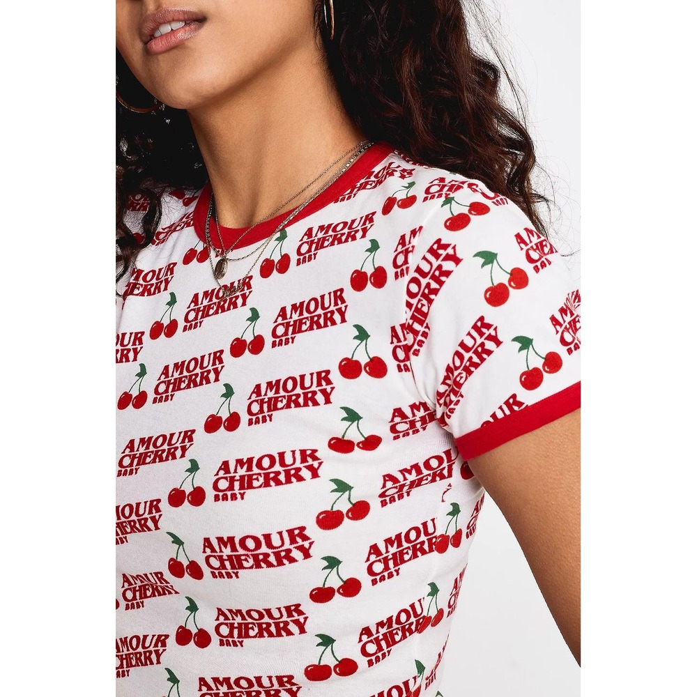 Urban Outfitters Amour Cherry Baby Allover Print Fitted Short Sleeve Shirt Tee M